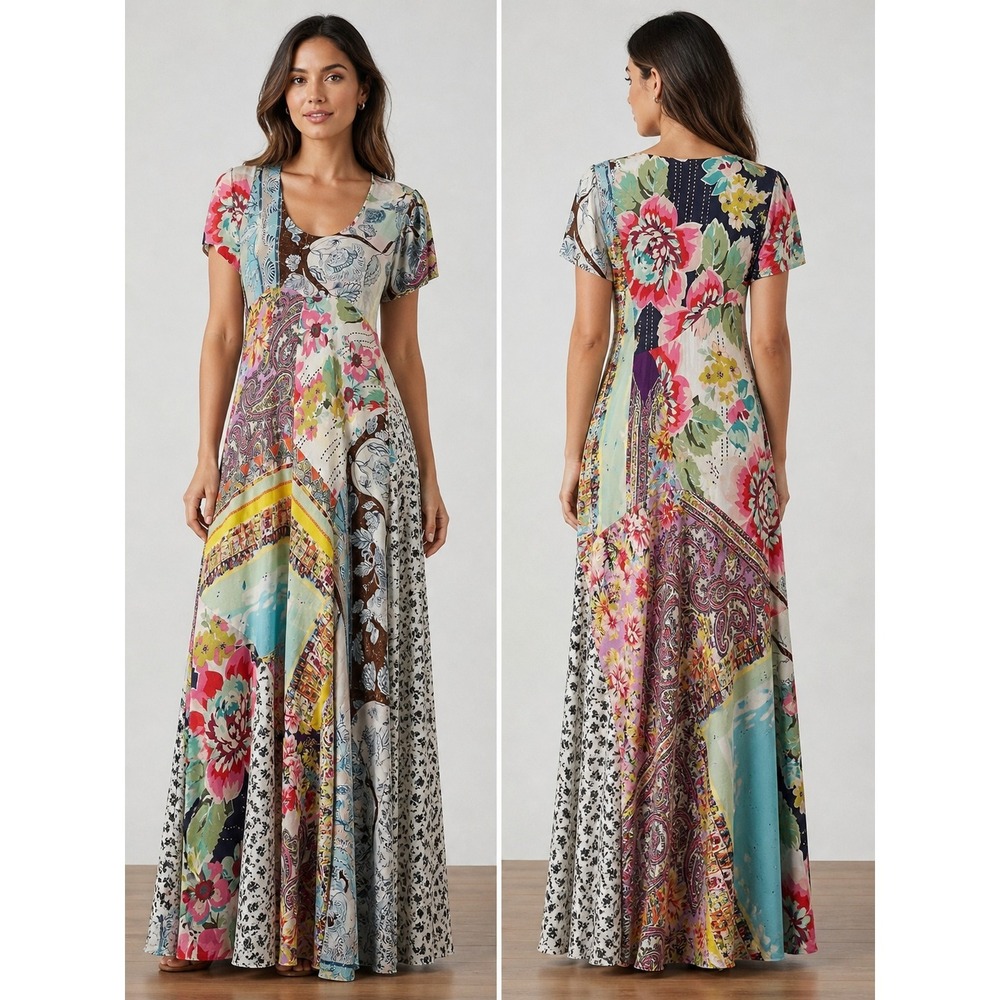 Johnny Was Silk Patchwork Maxi Dress Sz S Boho Resort Floral Paisley Mixed Print